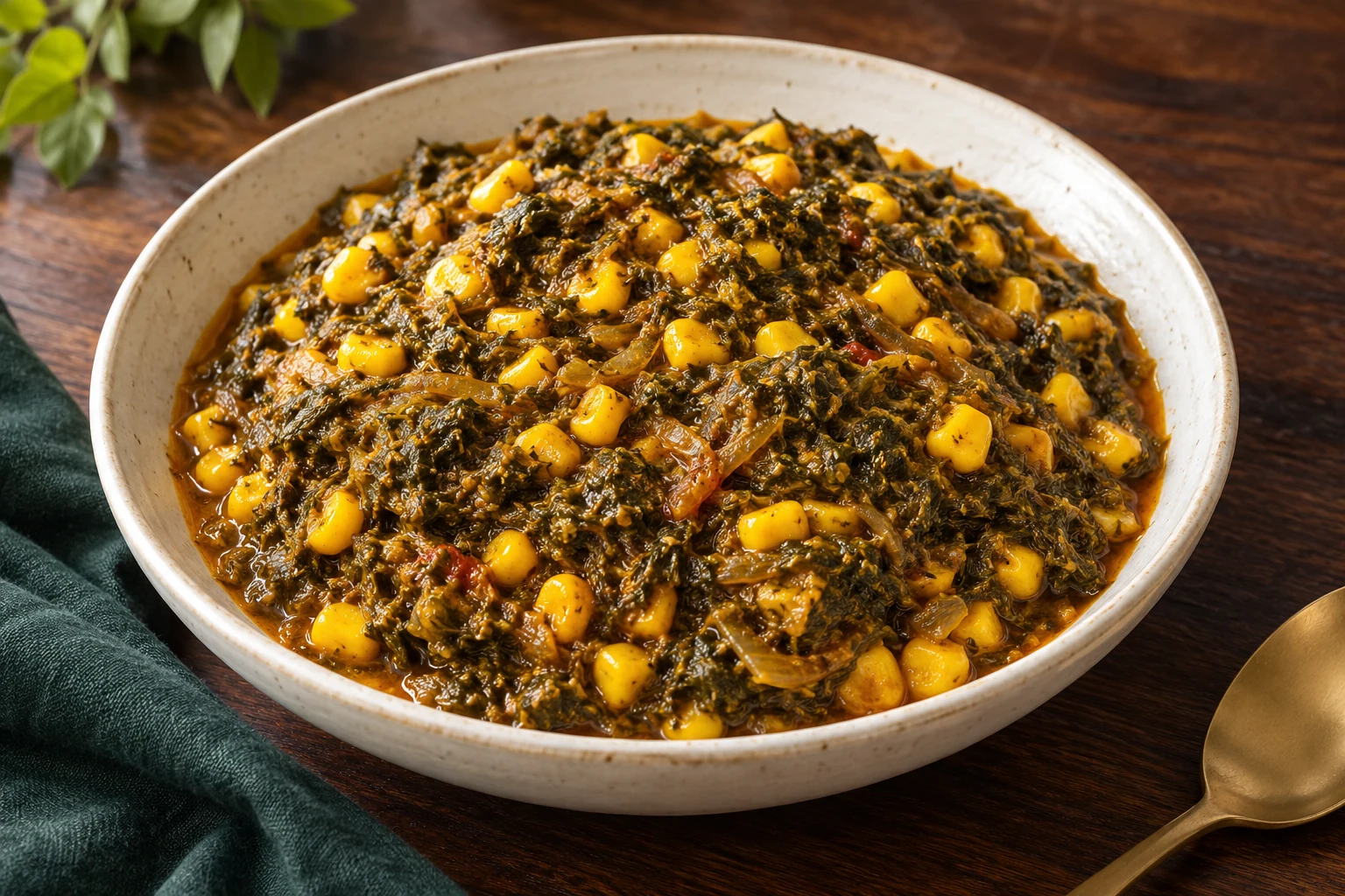 Illustration of yellow corn kernels and shredded cassava leaves in Sanga.