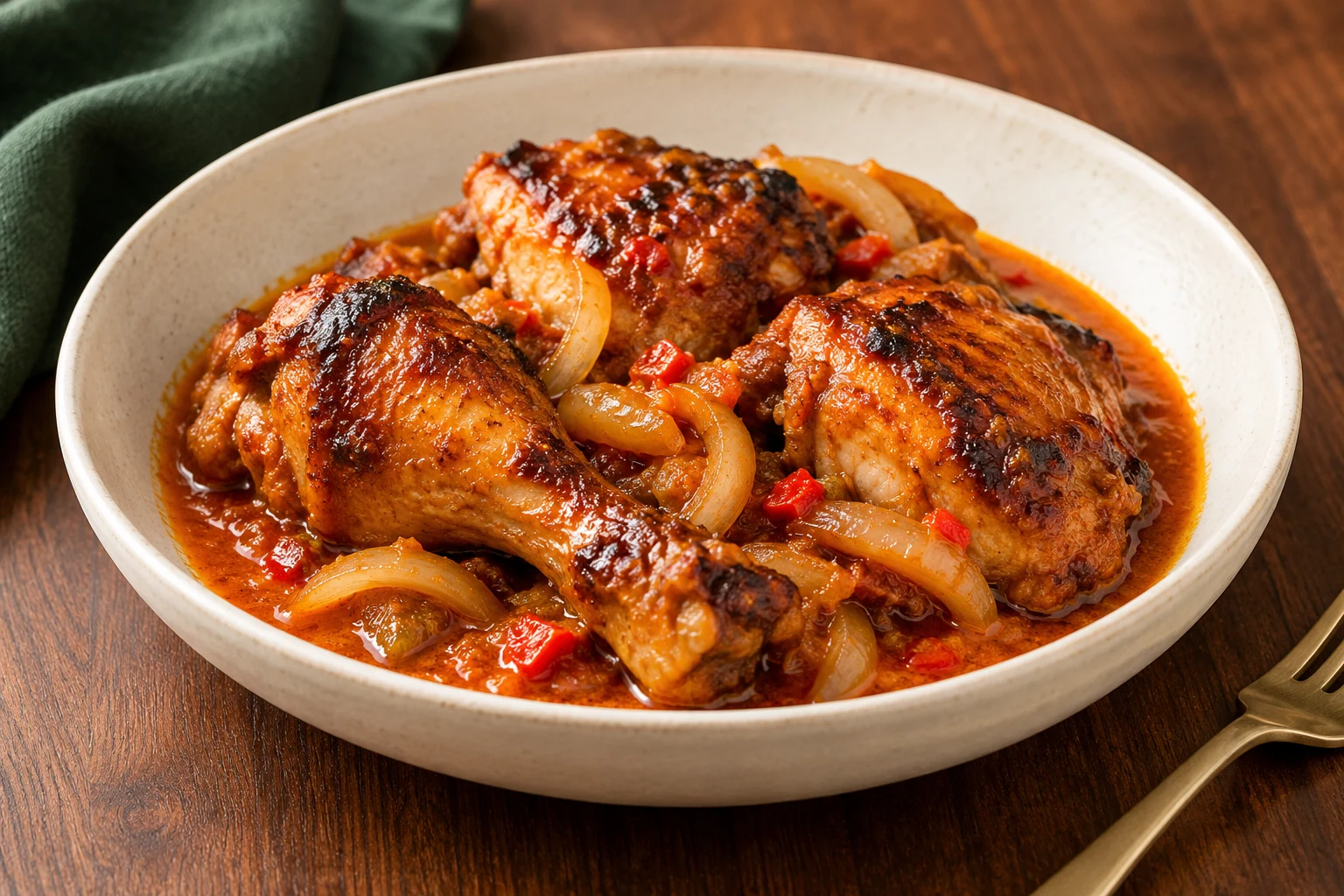 Illustration of browned Kati Kati chicken pieces in palm-oil sauce.