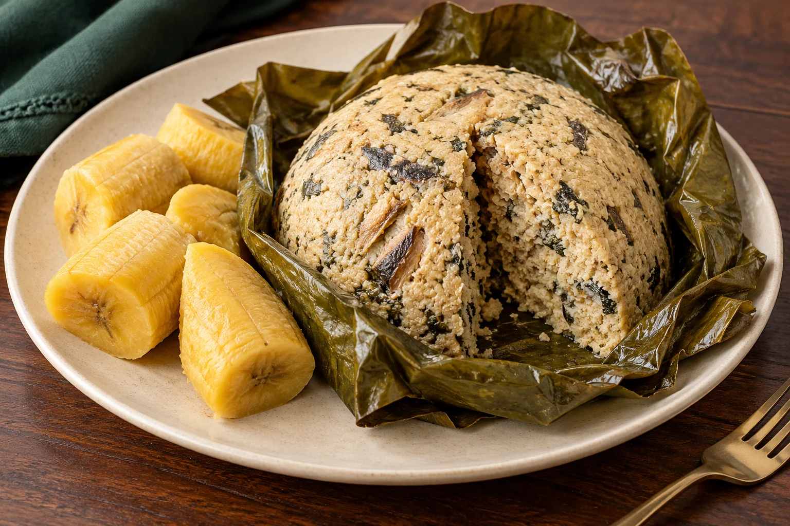 Illustration of beige Egusi pudding in an open leaf with plantain.